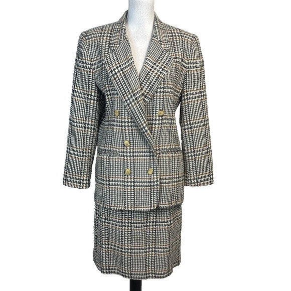 Vintage Norton McNaughton 2pc Skirt Suit sz 12 Pet Gray Brown Tweed Plaid Wool - Picture 1 of 13